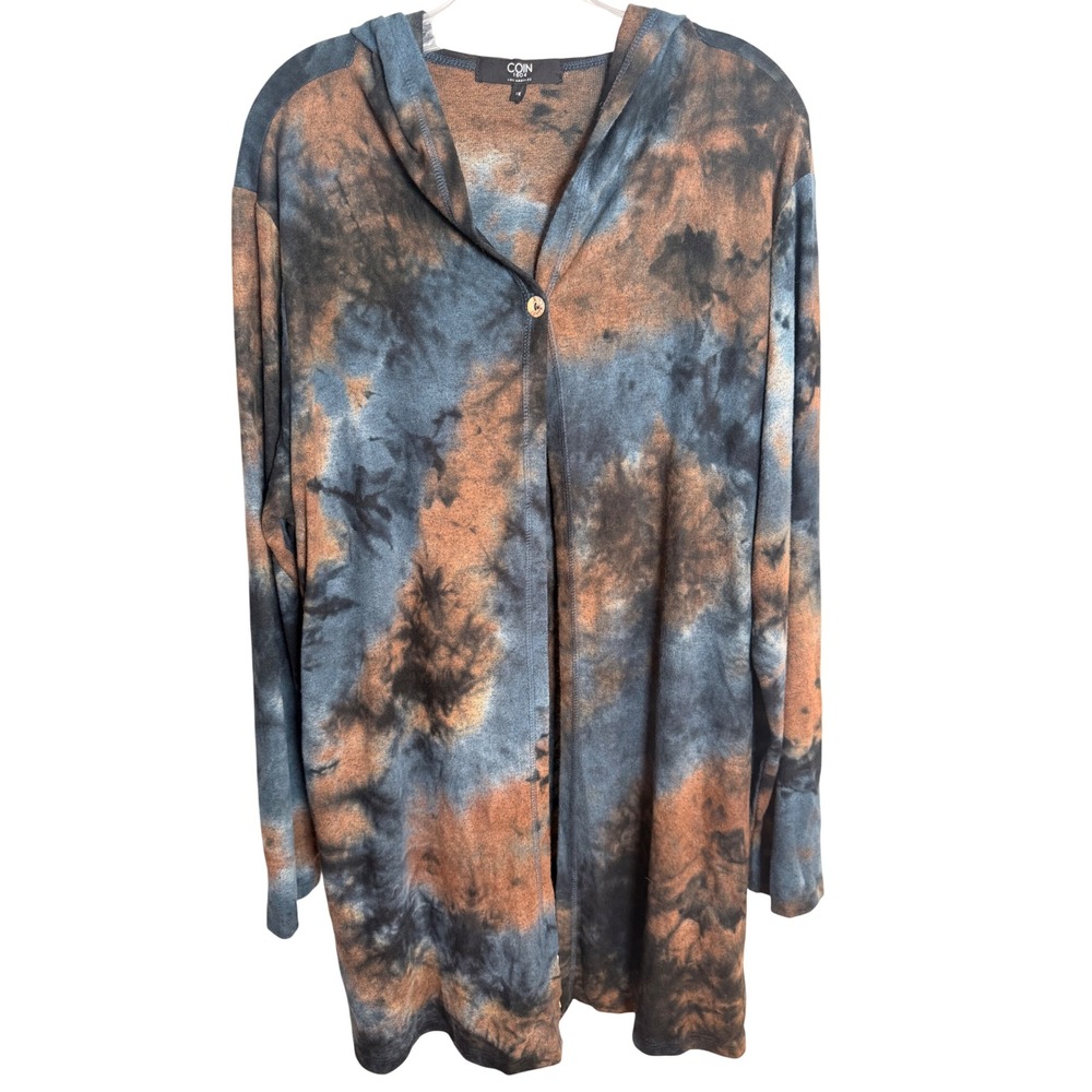 Tie Dye Hooded Cardigan Women 1X Blue Brown Single Button Pockets Boho
